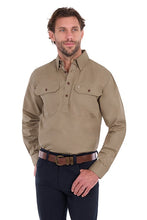 Thomas Cook heavy drill shirt with half placket, featuring a casual design and durable fabric, displayed on a mannequin.