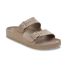 Birkenstock Arizona EVA grey taupe sandals with open toe and adjustable straps, lightweight and waterproof for casual wear.