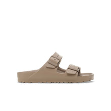 Birkenstock Arizona EVA grey taupe sandals shown from side view, lightweight and waterproof footwear for casual wear.