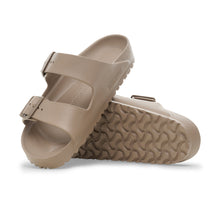 Birkenstock Arizona EVA grey taupe sandals with textured sole and adjustable straps for comfortable, lightweight wear.